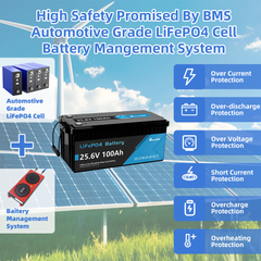 24V 100Ah LiFePO4 Battery Built-in 100A BMS with Bluetooth, Self-heating and Active Balancer