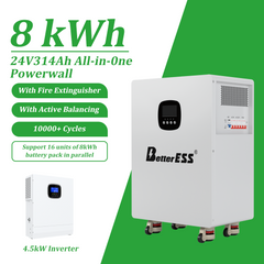 25.6V 314Ah 8kWh LiFePO4 система за съхранение на енергия „всичко в едно“ за дома с 4.5kW хибриден инвертор и вградена функция за активно балансиране