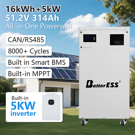 BetterESS 51,2 V 314 Ah All-in-One 16 kWh LiFePO4-Batterie, mobiles Energiespeichersystem (ESS) mit integriertem 5-kW-Hybrid-Off-Grid-Wechselrichter, Batteriemanagementsystem (BMS), MPPT-Regler und aktivem Balancer – Notstromversorgung für Zuhause