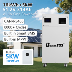 BetterESS 51,2 V 314 Ah All-in-One 16 kWh LiFePO4-Batterie, mobiles Energiespeichersystem (ESS) mit integriertem 5-kW-Hybrid-Off-Grid-Wechselrichter, Batteriemanagementsystem (BMS), MPPT-Regler und aktivem Balancer – Notstromversorgung für Zuhause