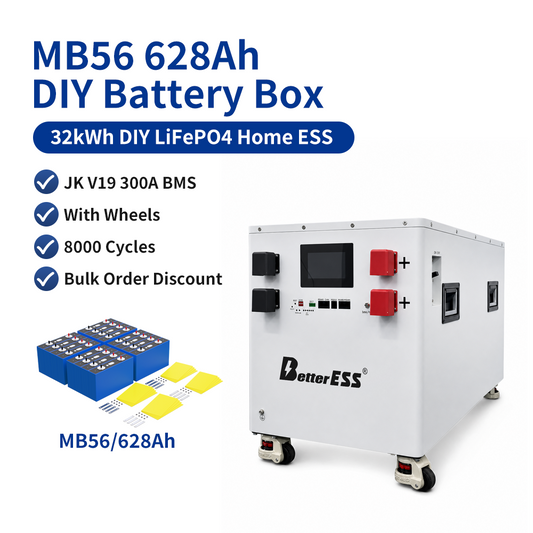 EVE MB56 628Ah 48V/51.2V 32KWh LiFePO4 DIY Battery Kit with JK 300A BMS, Air Switch & Active Balancing for Solar & Off-Grid Storage