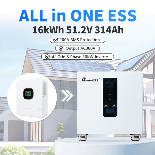 BetterESS 51.2V 314Ah 16kWh All-in-One Energy Storage System LiFePO4 Battery with 10kW Three-Phase Hybrid Inverter, Smart BMS, MPPT & Active Equalization