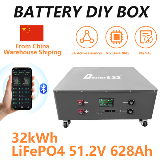 BetterESS 32kWh 51.2V 628Ah LiFePO4 DIY Battery Kit – 16S for EVE MB56 Cells with 250A JK BMS (V19) | Solar, RV & Off-Grid Energy Storage